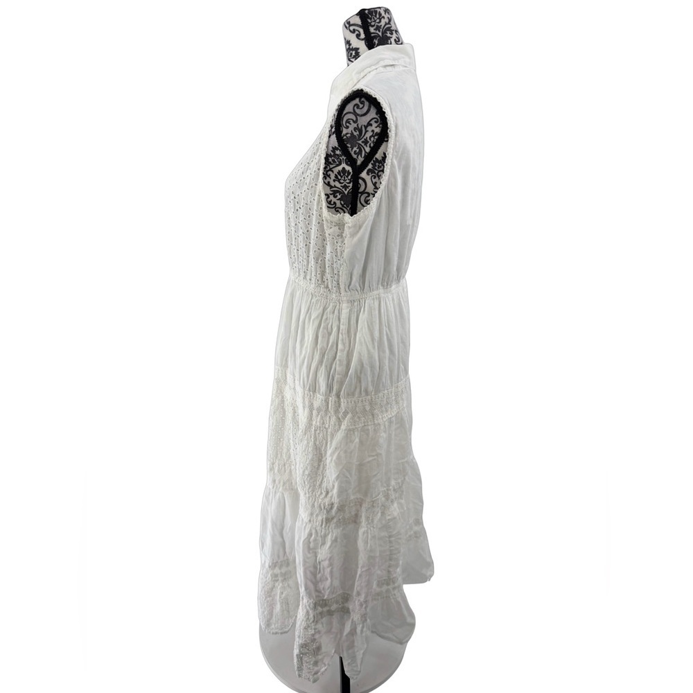 Magic White Eyelet Maxi Dress Collared Button Front Tiered Lace Boho Cottagecore - Picture 6 of 11